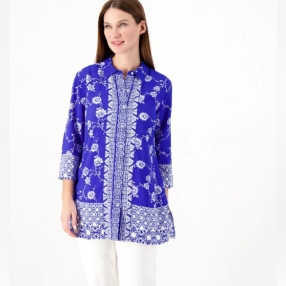 Draper Damon Scandi Girl Boho Floral Pattern Button down Sheer Top size LG